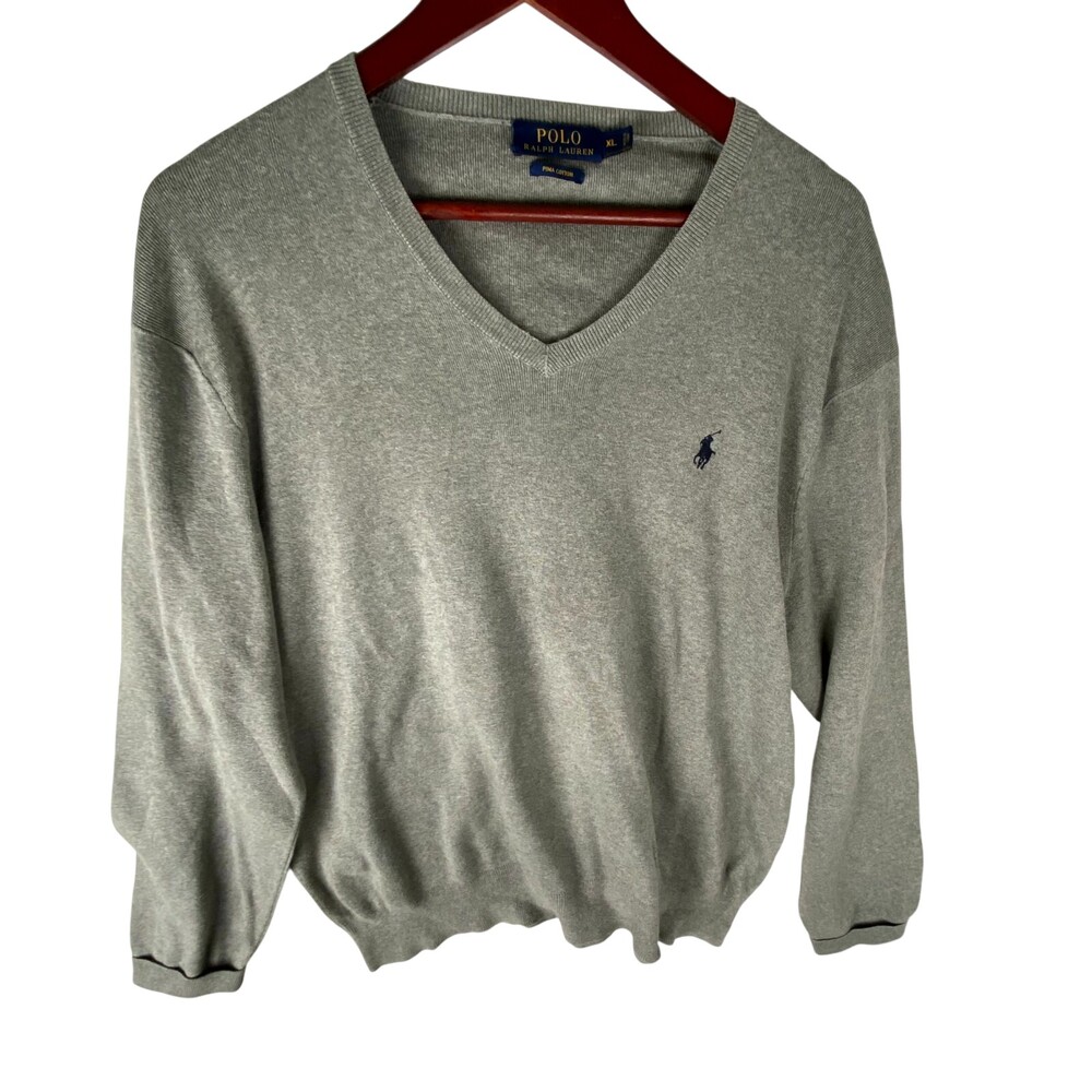 Polo Ralph Lauren Sweater Mens XL Gray Pima Cotton Long Sleeve V Neck Pullover